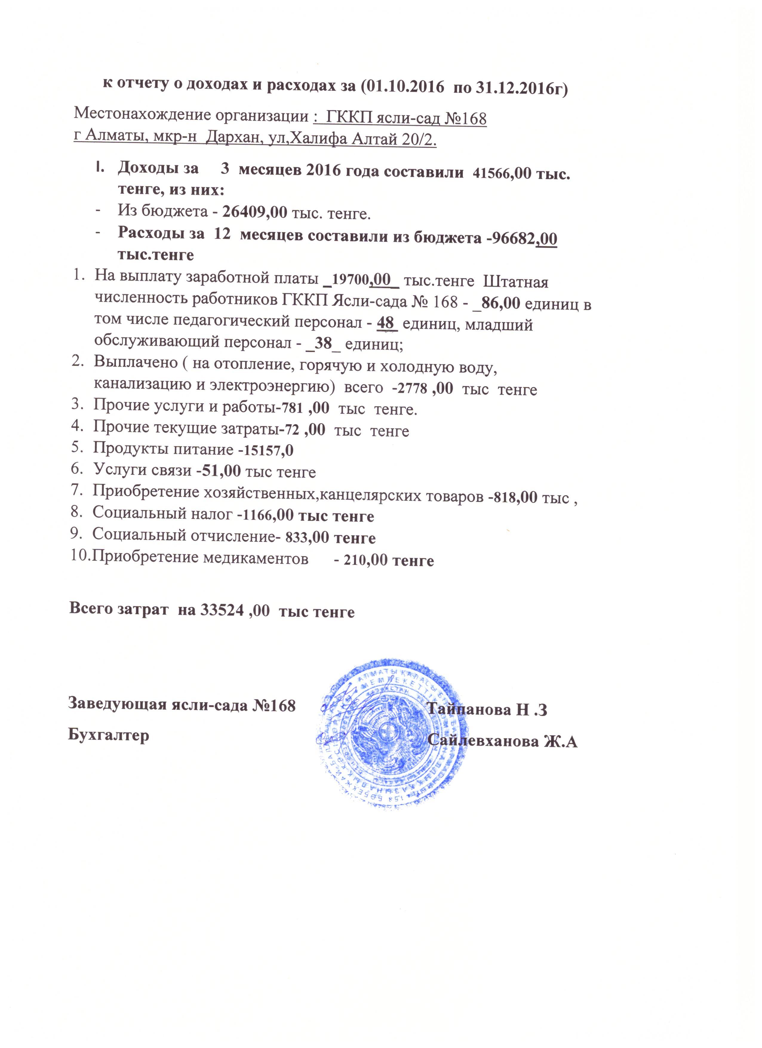 ОТЧЕТ О ДОХОДАХ И РАСХОДАХ НА 4 квартал 2016 ГОД