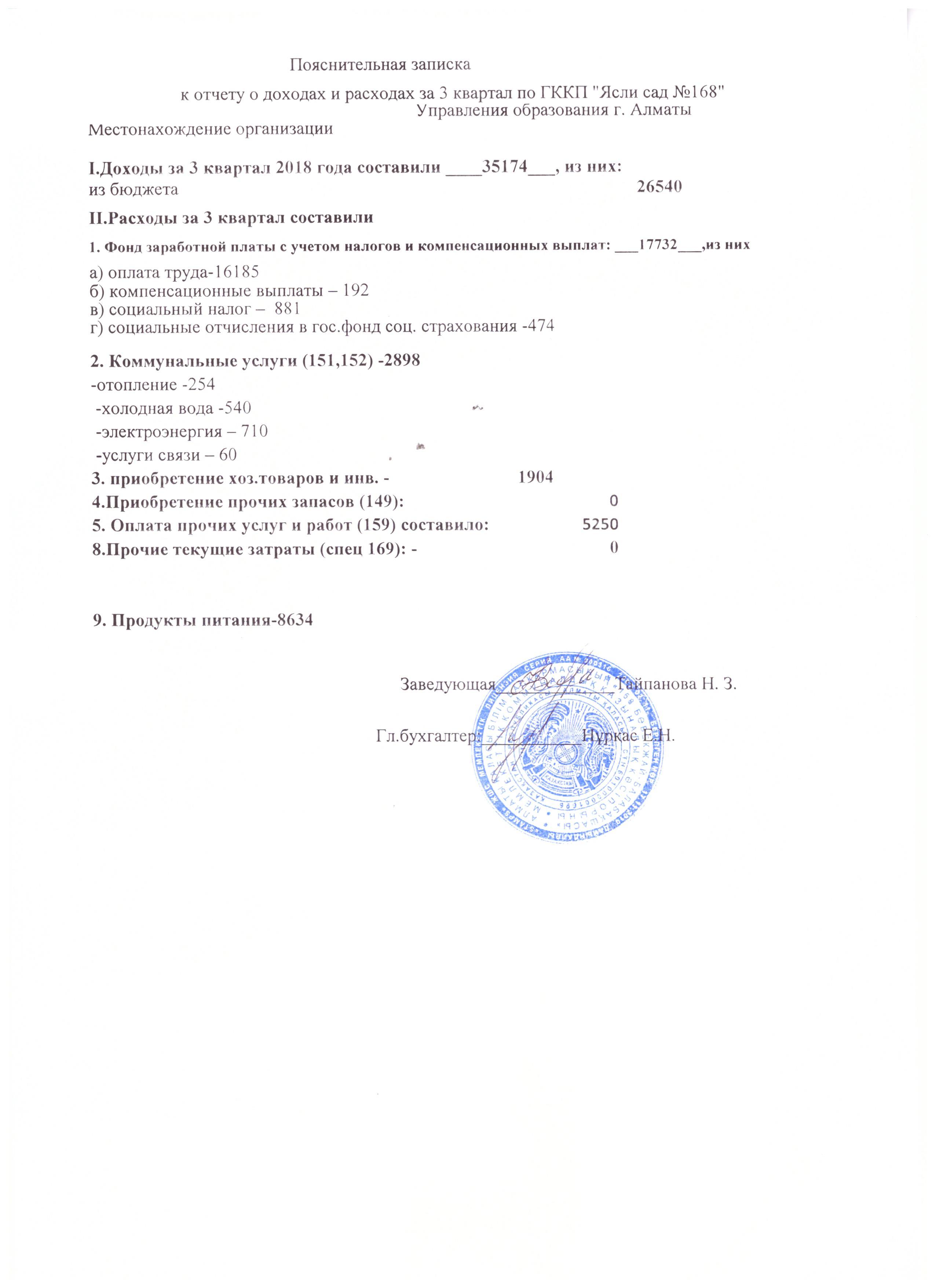 отчет о доходах и расходах за 3 квартал 2018 год